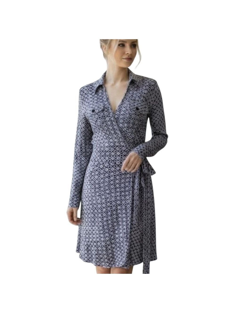 Denny Rose Wrap Dress Large Eggplant Gray Black Print